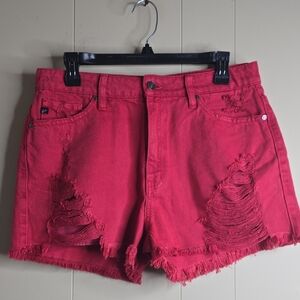 Women's Distressed Red Denim Shorts KANCAN Large
